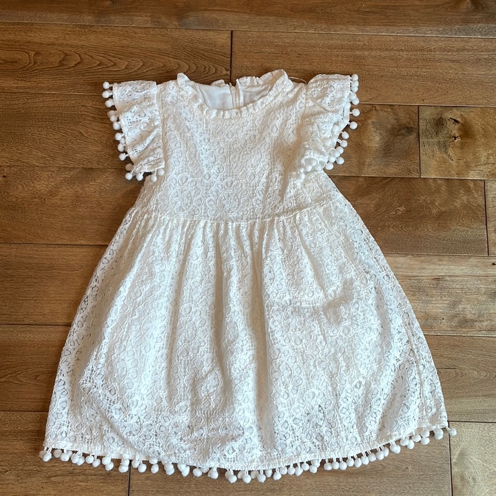 Girls white lace Pom Pom dress
